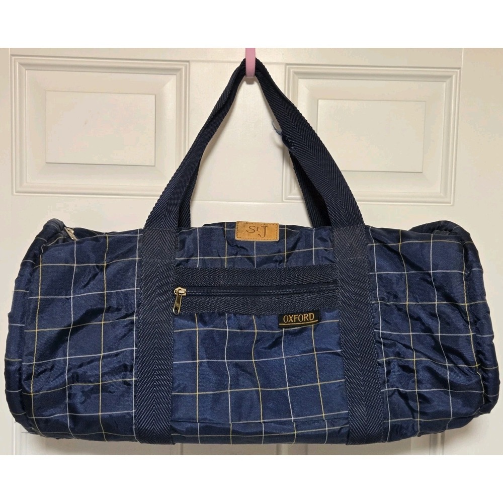 Oxford Blue Plaid Duffle Bag Vintage Polyester / Nylon 22"x13"x9.5" St J Patch